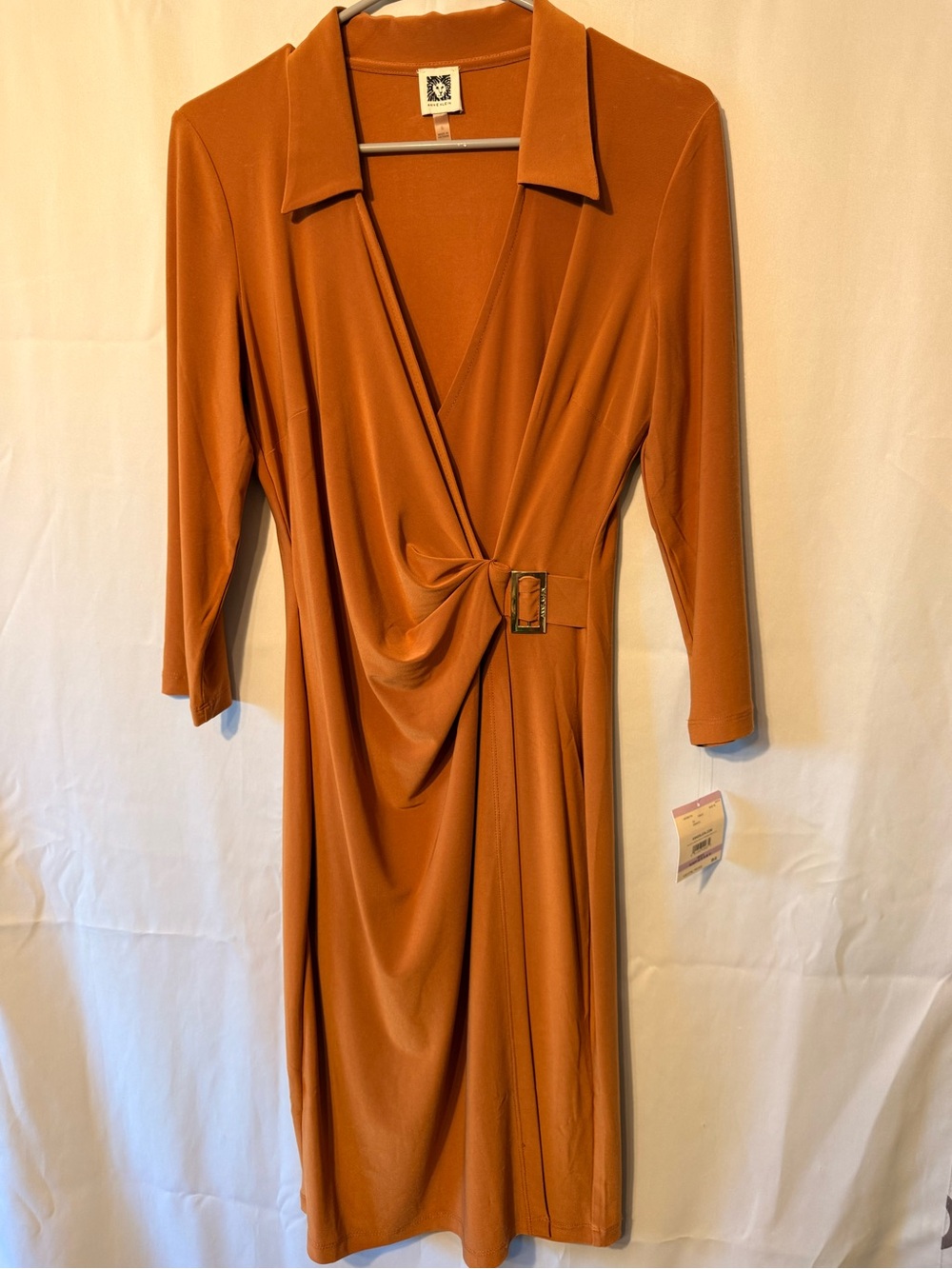Anne Klein Rust-Orange Wrap Midi Dress with Buckle
